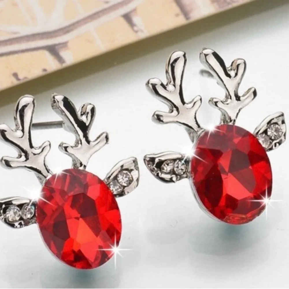 Silver & Red Crystal Reindeer Stud Earrings